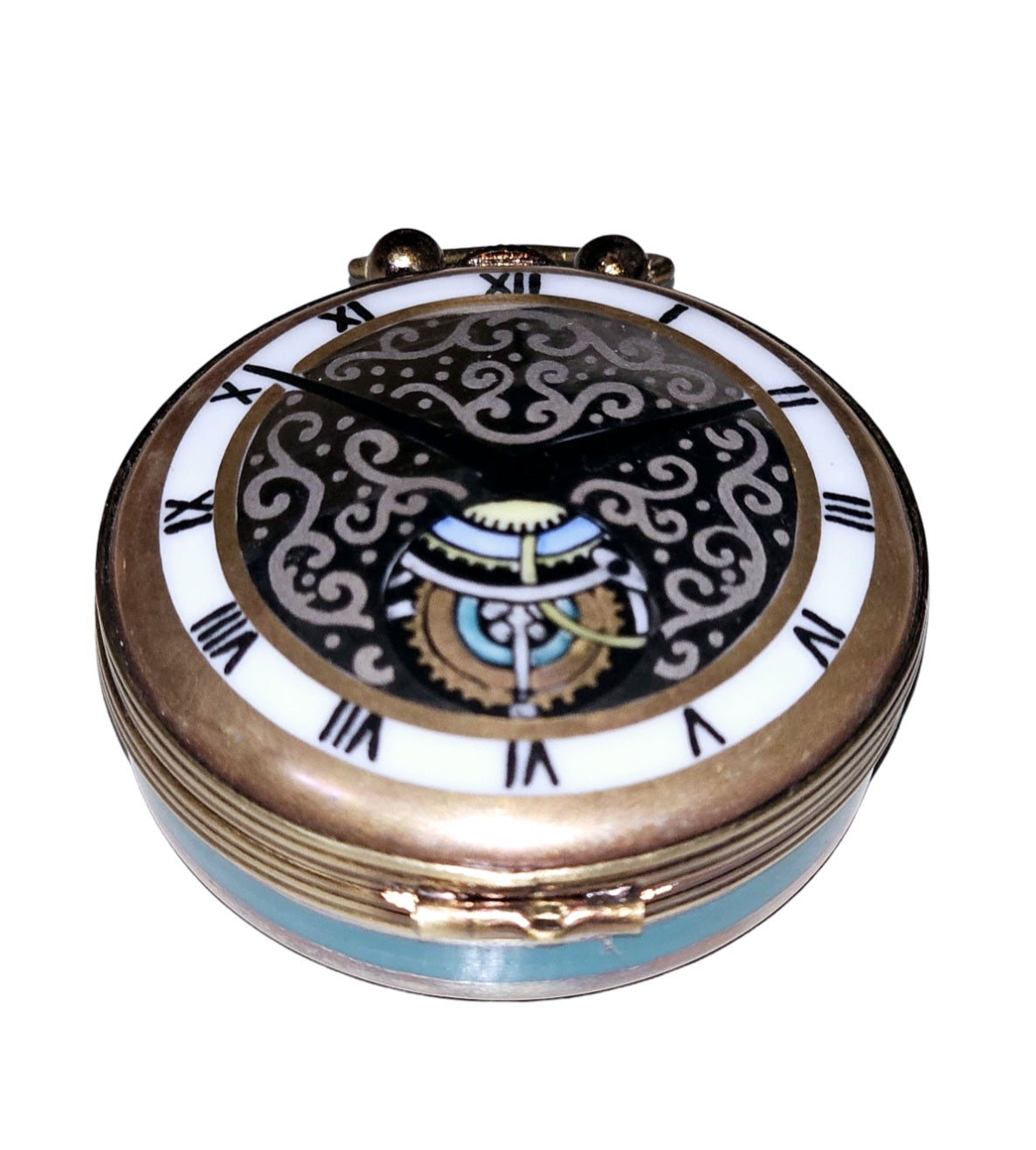 Pocket Watch Green Limoges Figurine Charm for Collectors, view 3