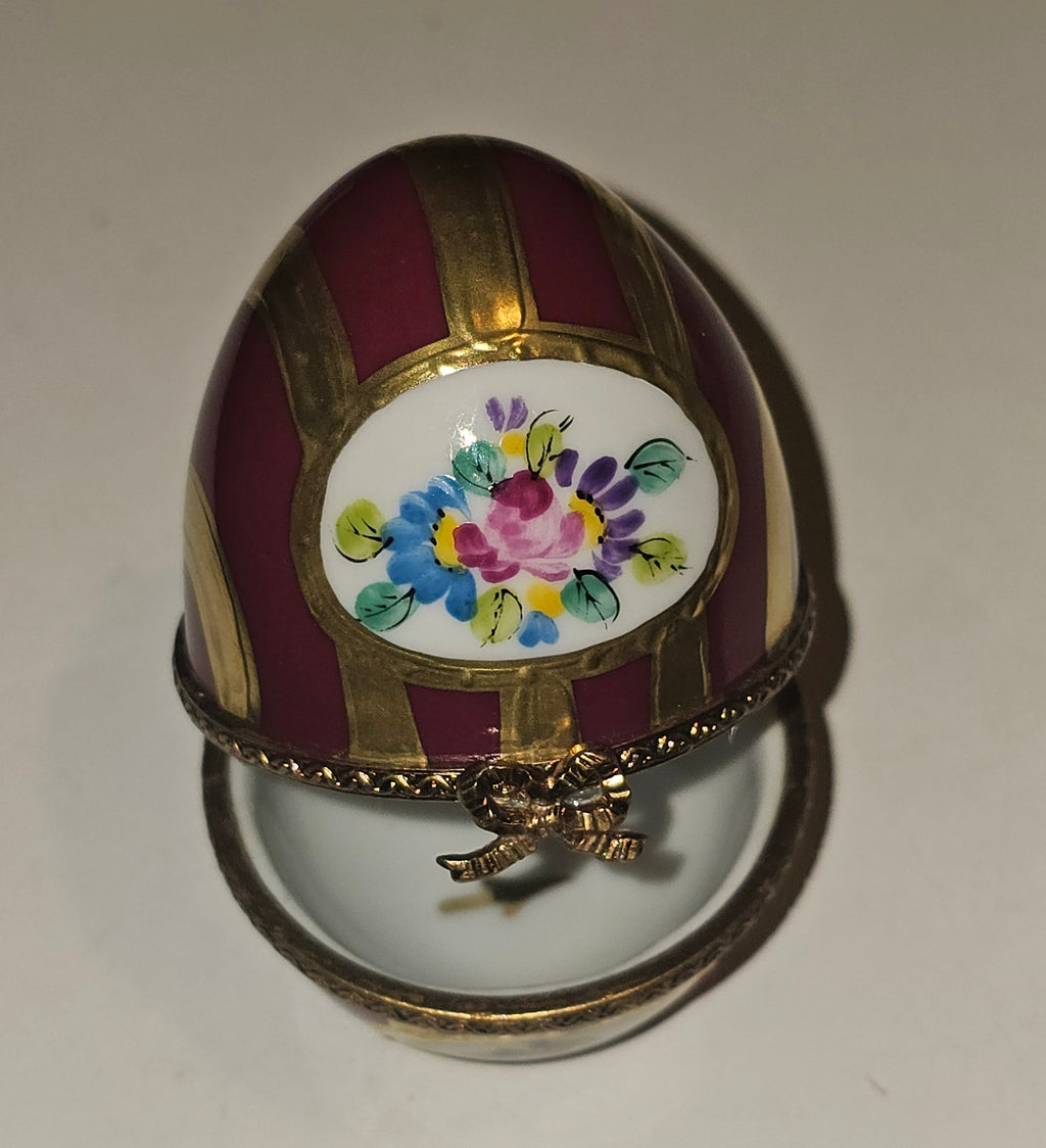 Maroon and Gold Striped Egg with Flowers Limoges Box, view 4