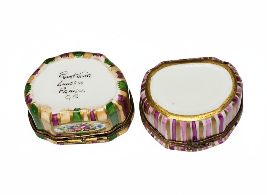 Pink Striped Shaped with Flowers Limoges Box GR, view 3