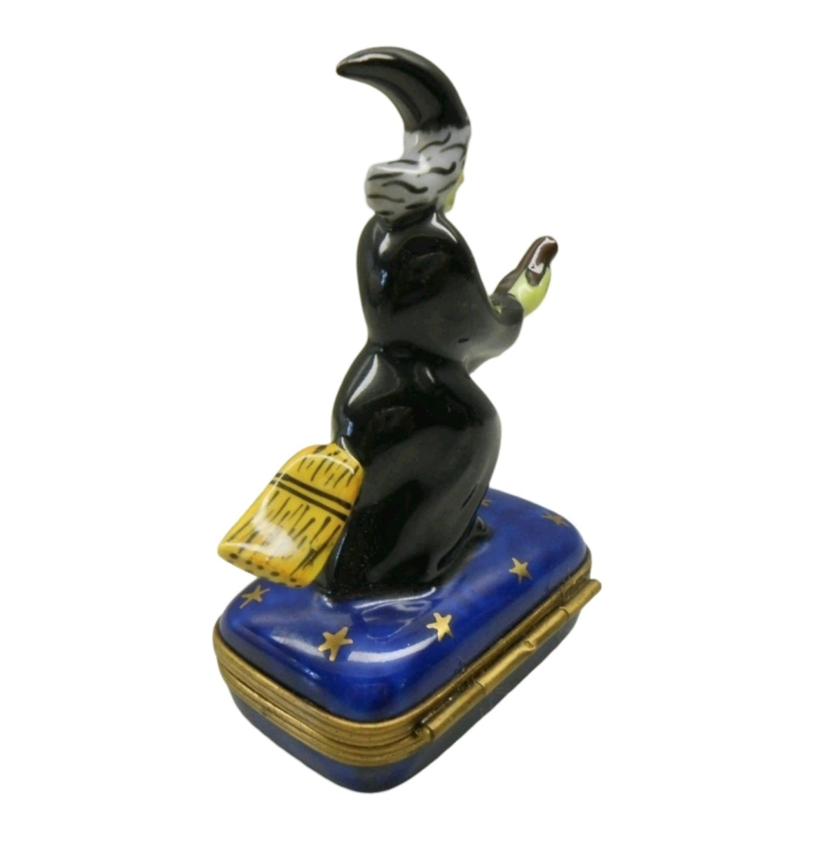 Treasured French collectible: Witch Riding on Broom Halloween Limoges box, painted by hand