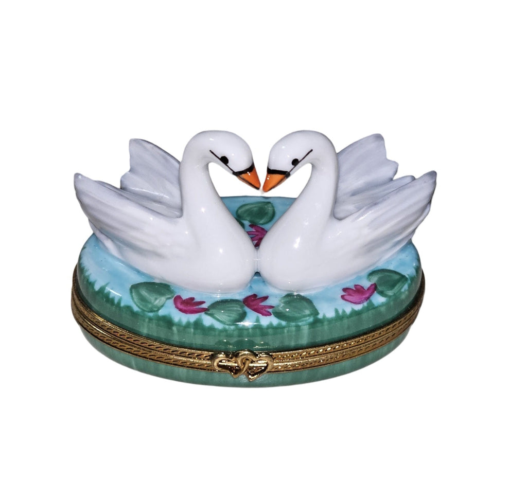 Two Swans Embracing Love, a hand-painted Limoges porcelain gift