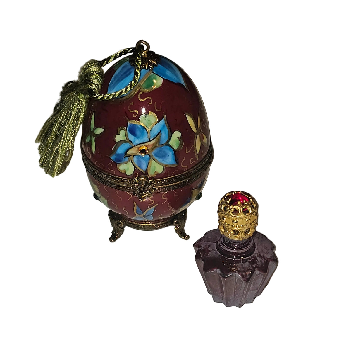 Footed Red Perfume Porcelain Egg Bold w Tassel, a hand-painted Limoges porcelain gift