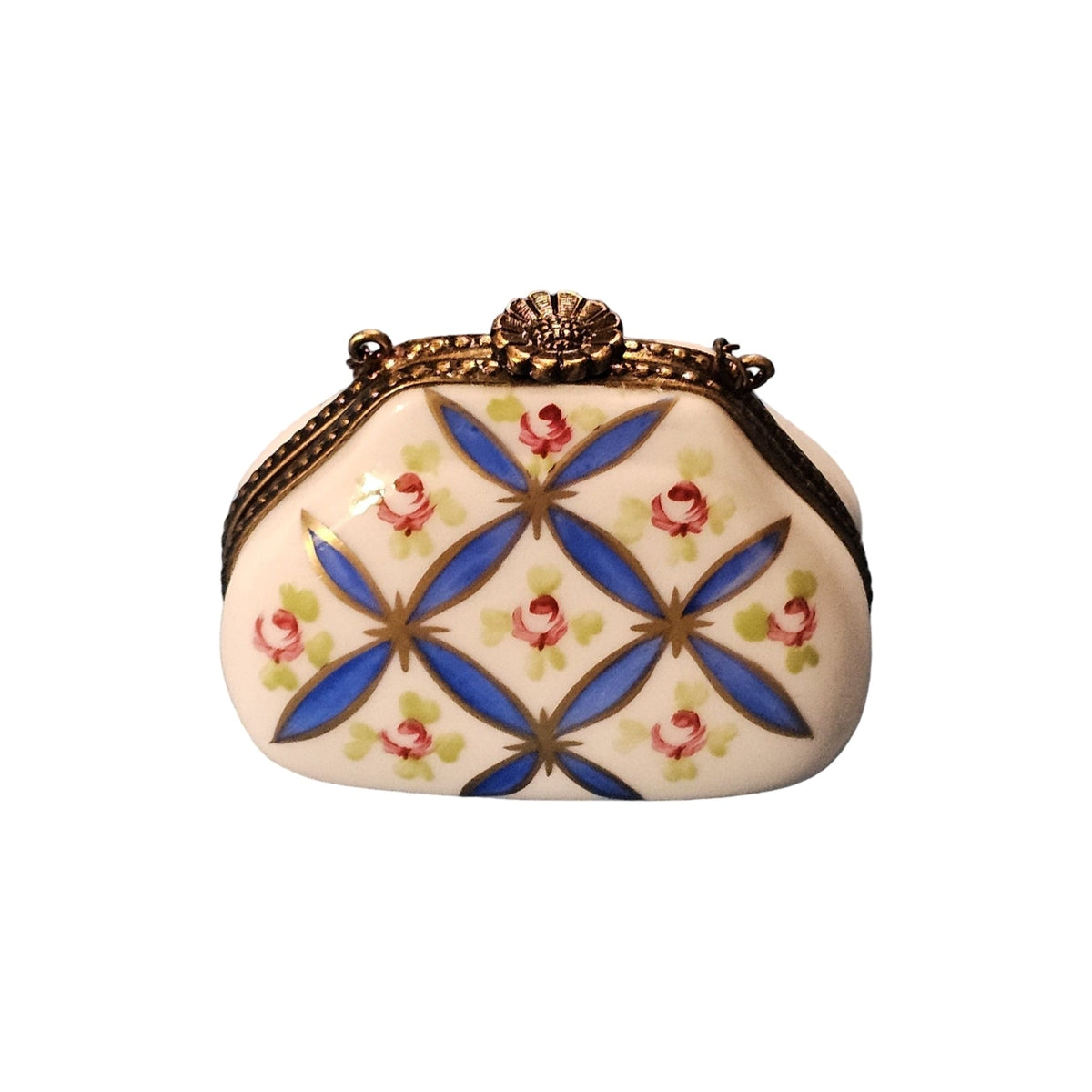 Chris Cross Blue Purse with Flowers, a hand-painted Limoges porcelain gift