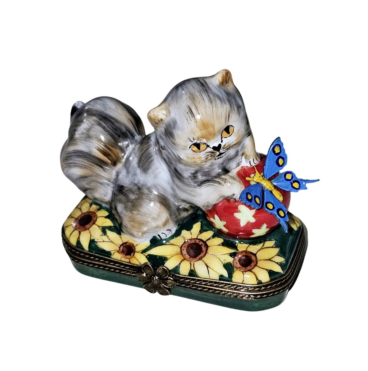 Cat W Ball and Butterfly Limoges Box, a hand-painted Limoges porcelain gift