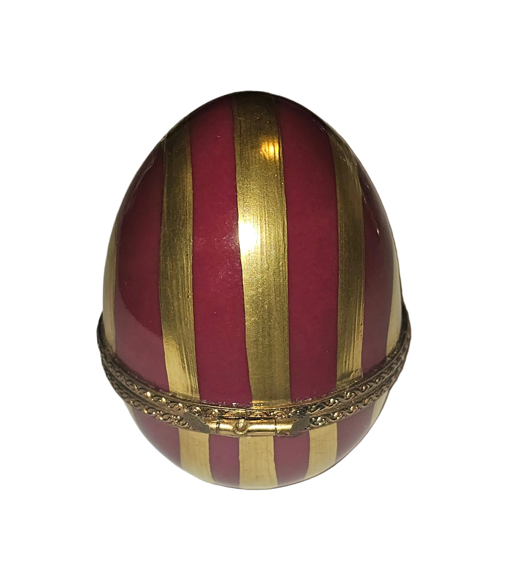 Maroon and Gold Striped Egg with Flowers Limoges Box, view 2