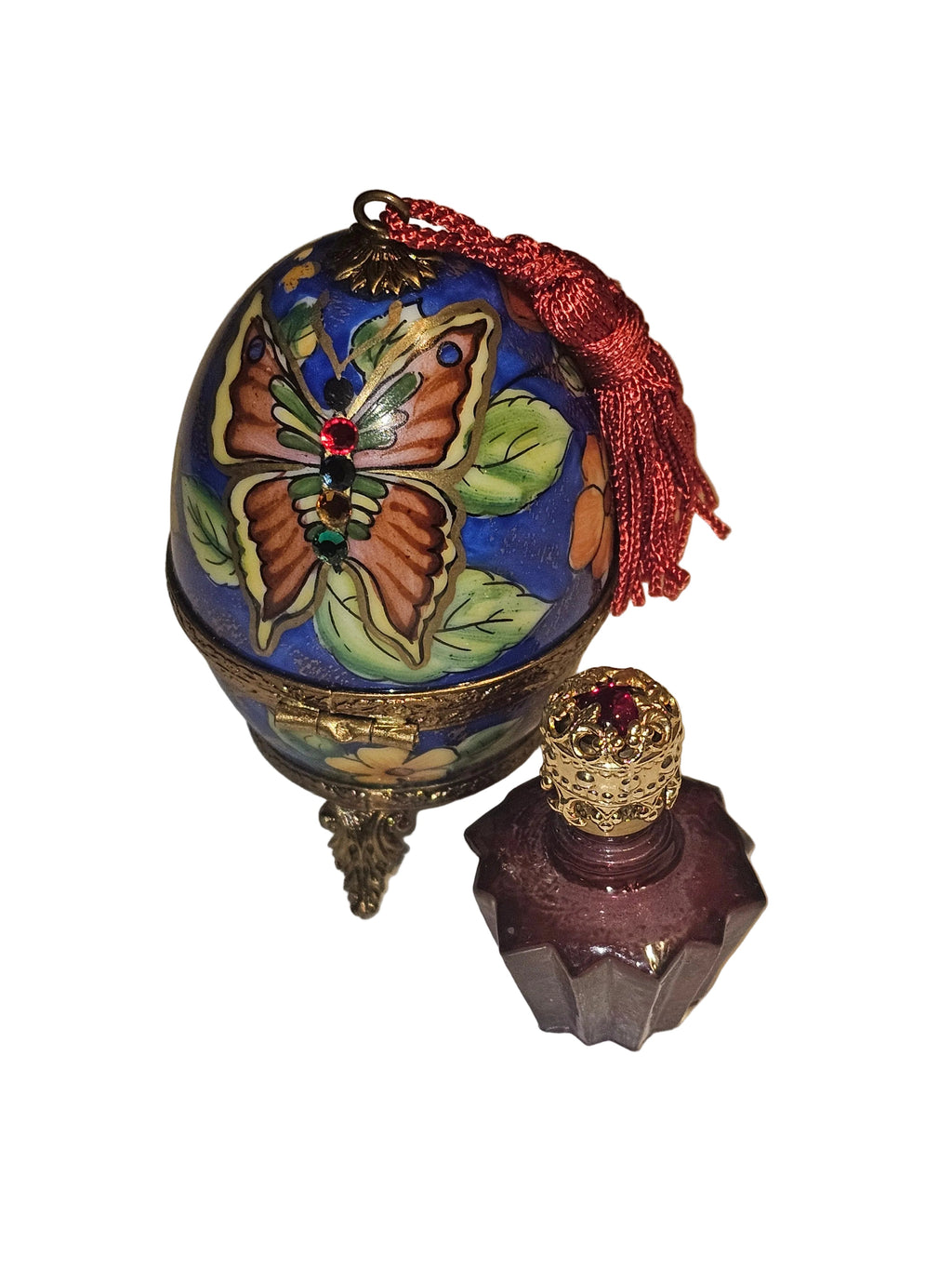 Butterfly Perfume Porcelain Egg on Stand w Tassel, view 5