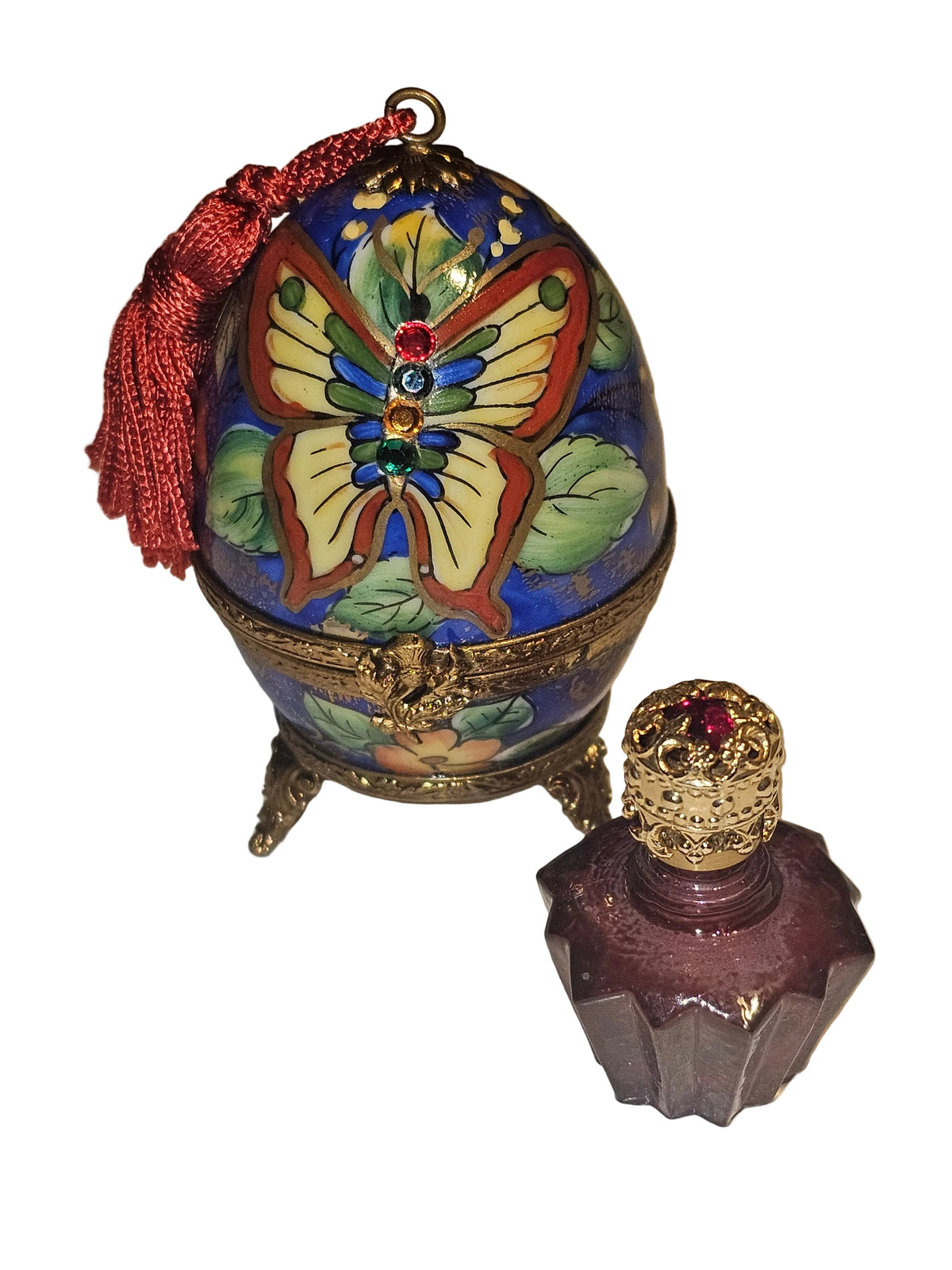 Butterfly Perfume Porcelain Egg on Stand w Tassel, view 3