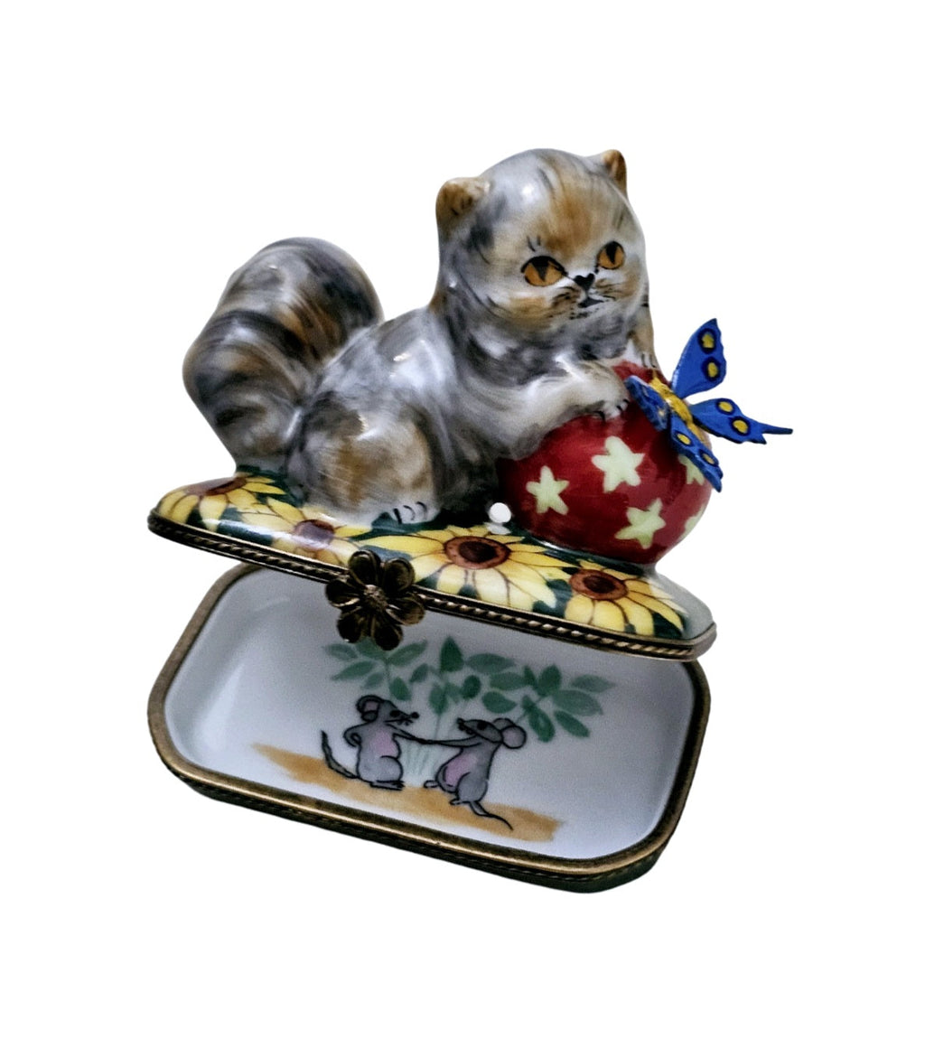 Cat W Ball and Butterfly Limoges Box, view 4