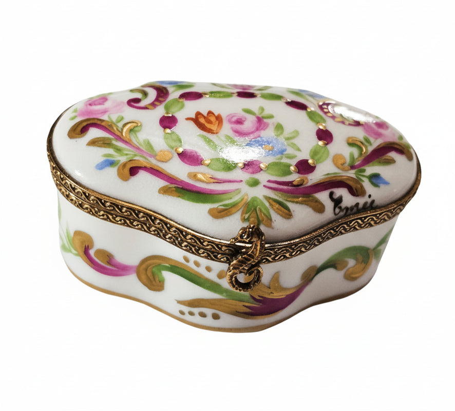 Shaped Limoges with Pink Flowers Box, a hand-painted Limoges porcelain gift