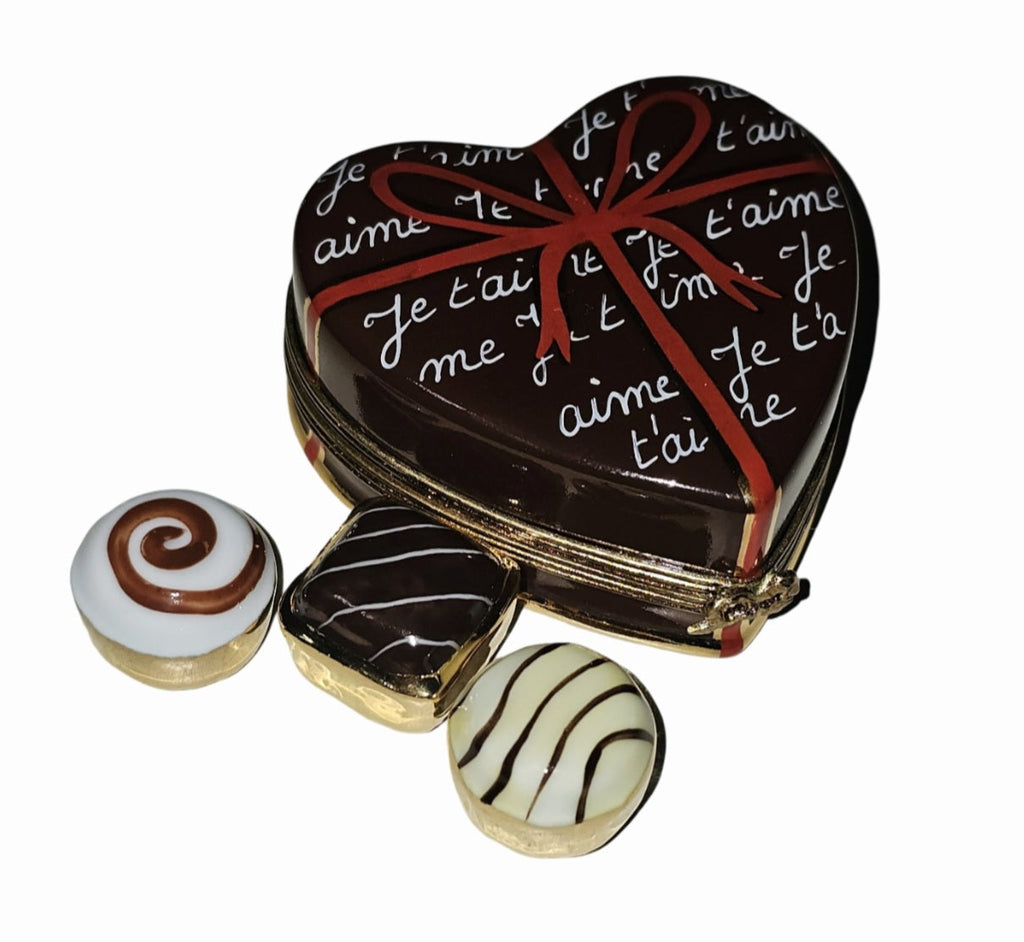 Chocolate Porcelain Heart Box w Porcelain Chocolates, a hand-painted Limoges porcelain gift