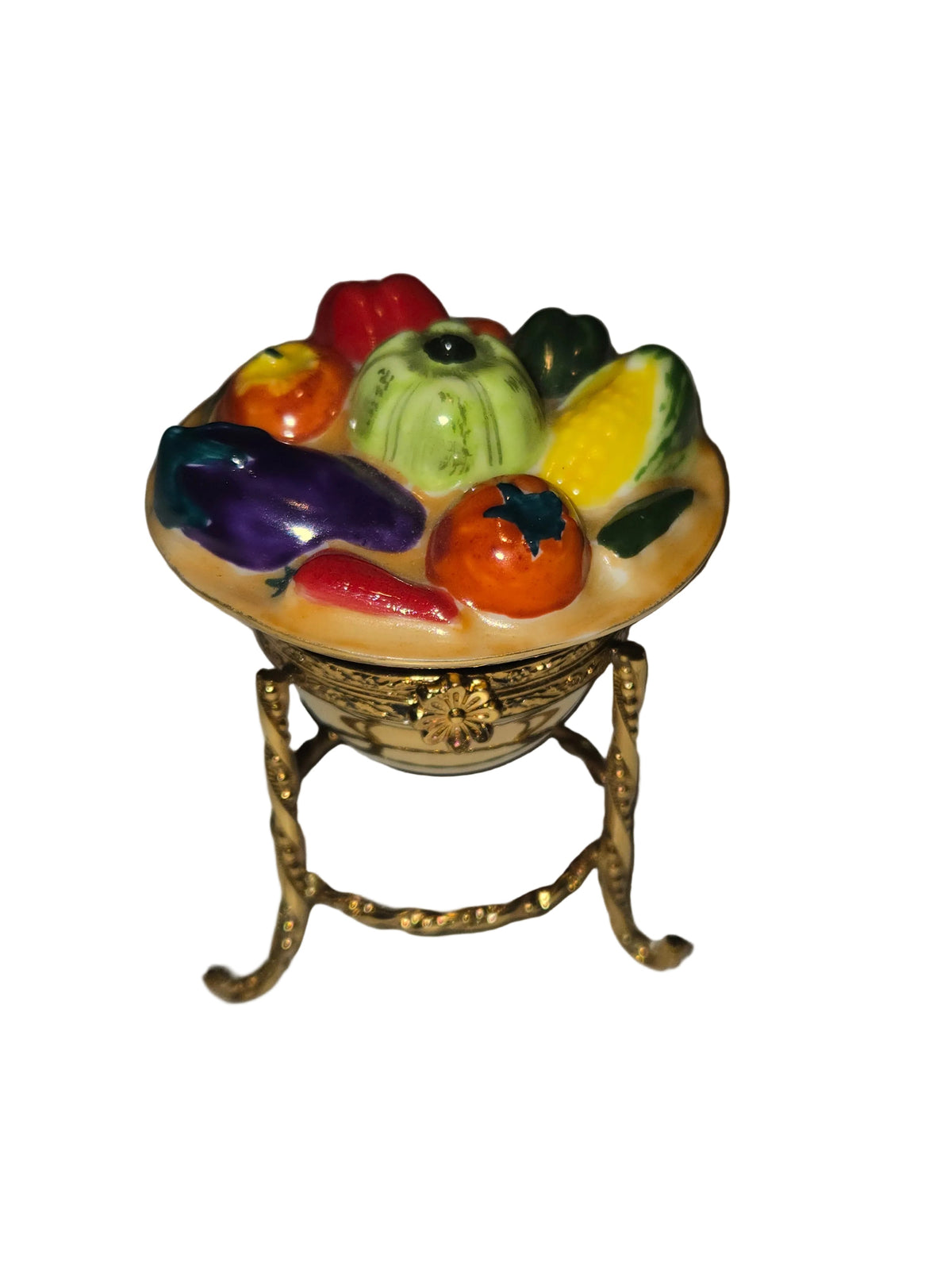 Fruit Basket on Gold Stand, a hand-painted Limoges porcelain gift