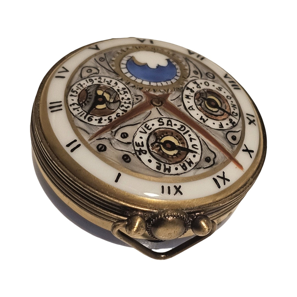 Pocket Watch Porcelain Art Figurine Limoges Box, a hand-painted Limoges porcelain gift