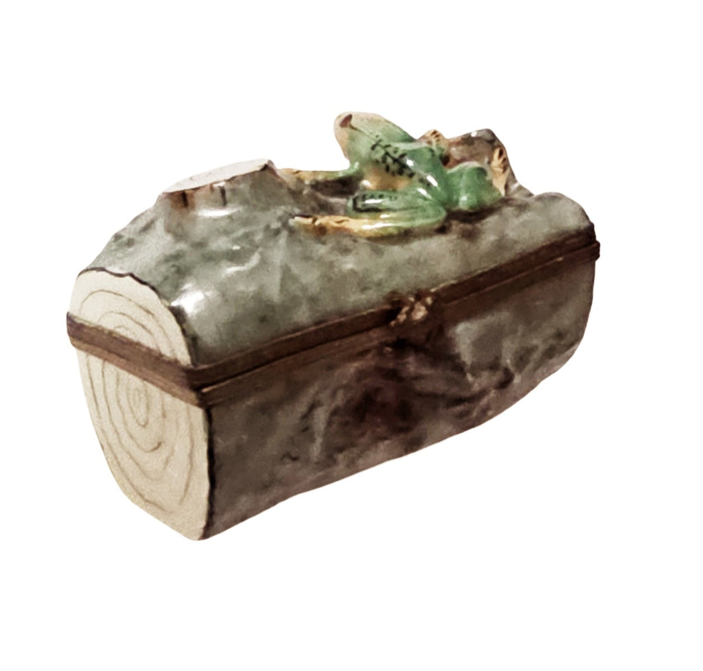 Frog on Green Log Limoges Box for Nature Lovers Gift, a hand-painted Limoges porcelain gift