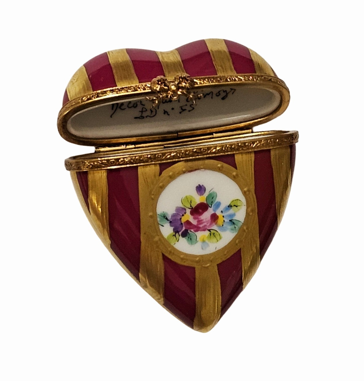Burgundy and Gold Striped Heart with Flowers Limoges Box, view 2
