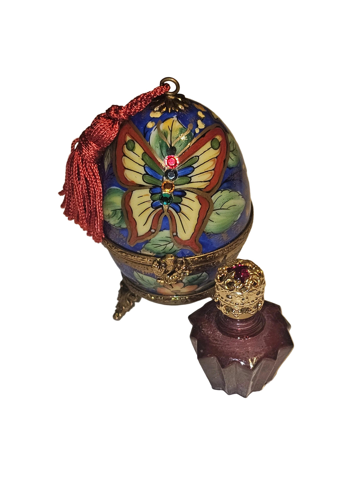 Butterfly Perfume Porcelain Egg on Stand w Tassel, view 4