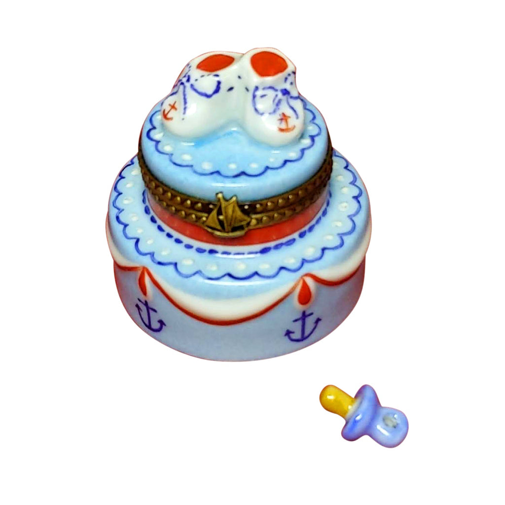 Nautical Cake w Baby Booties, a hand-painted Limoges porcelain gift