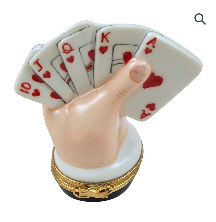 Cards in Hand Royal Straight Flush, a hand-painted Limoges porcelain gift