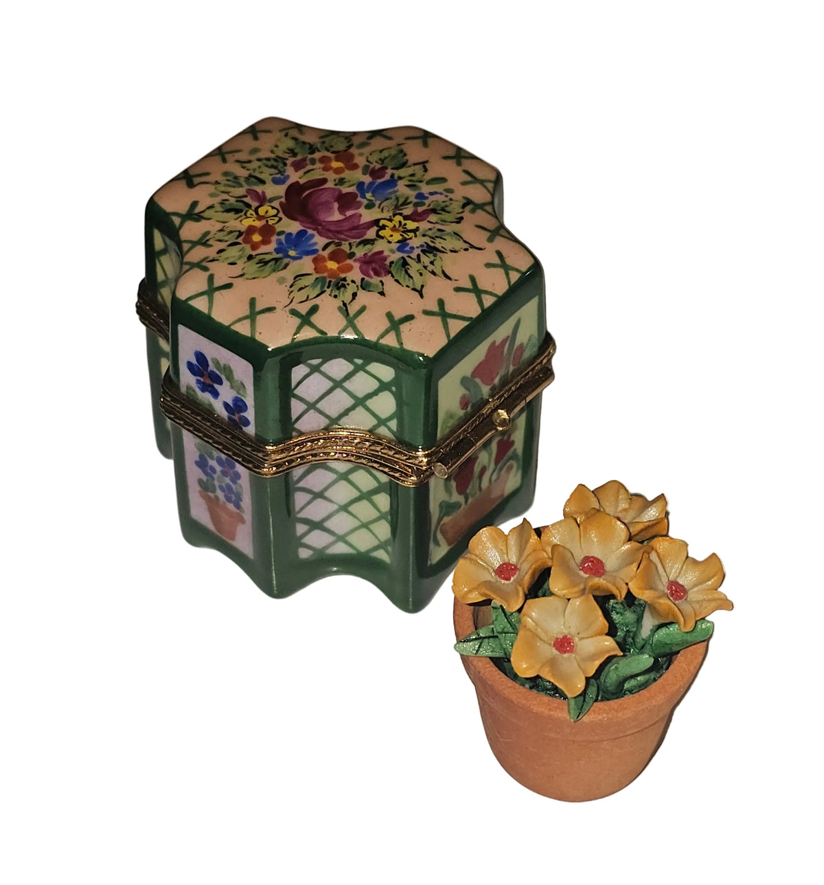 Hexagon Orange W Flower Basket Limoges Box for Collectors, view 3
