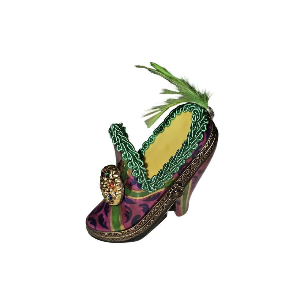 Pink Purple Shoe w Green Feather Limoges Box, view 6