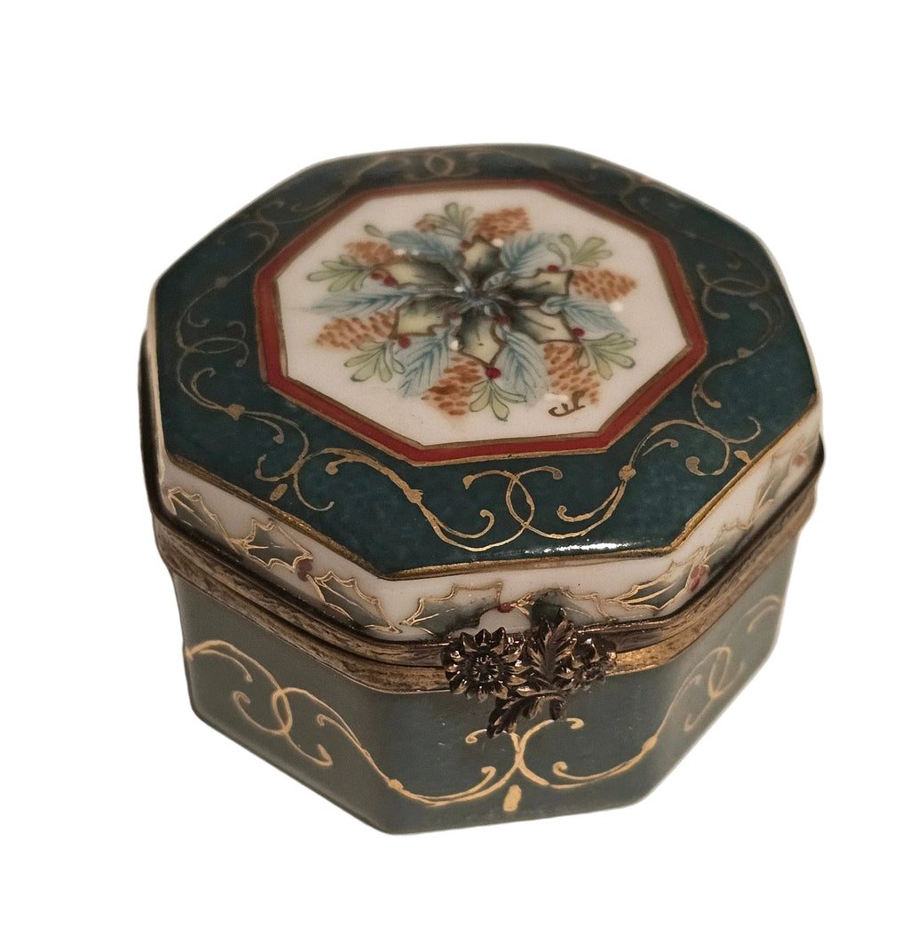 Christmas Holly Hexagon Trinket Limoges Box, a hand-painted Limoges porcelain gift
