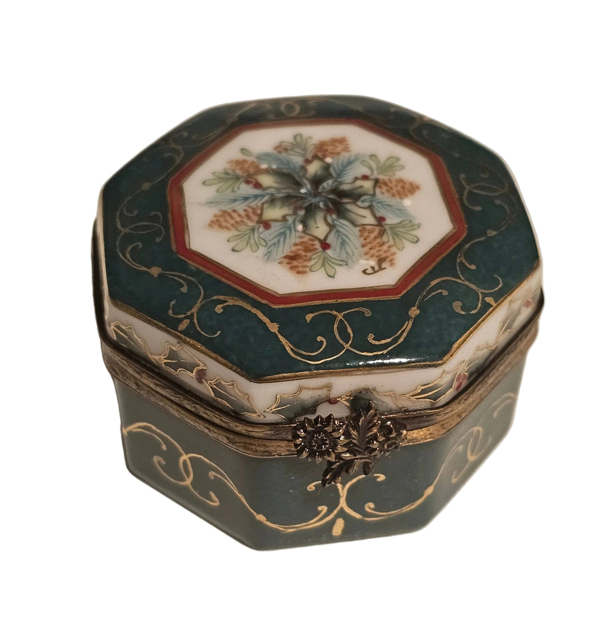 Christmas Holly Hexagon Trinket Limoges Box, a hand-painted Limoges porcelain gift
