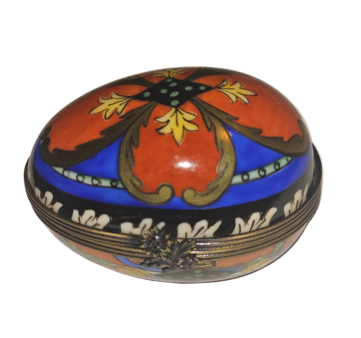 Snazzy Orange Blue Egg Horizon Limoges Box, a hand-painted Limoges porcelain gift