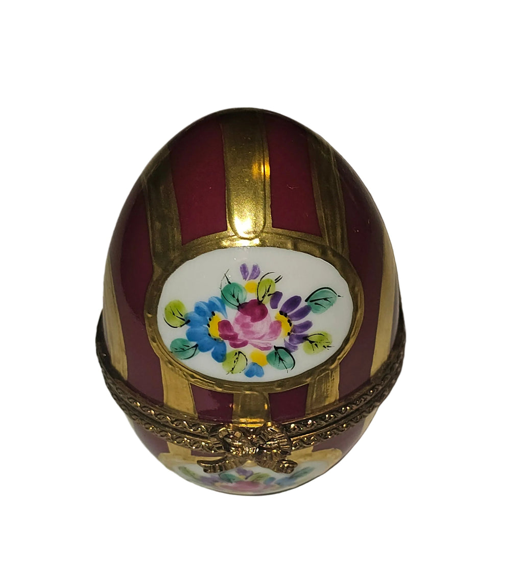 Maroon and Gold Striped Egg with Flowers Limoges Box, view 6