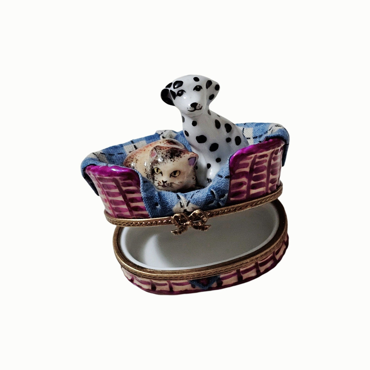 Dalmatian Dog with Cat in Basket with Trinkets Limoges box, an heirloom-quality piece for collectors
