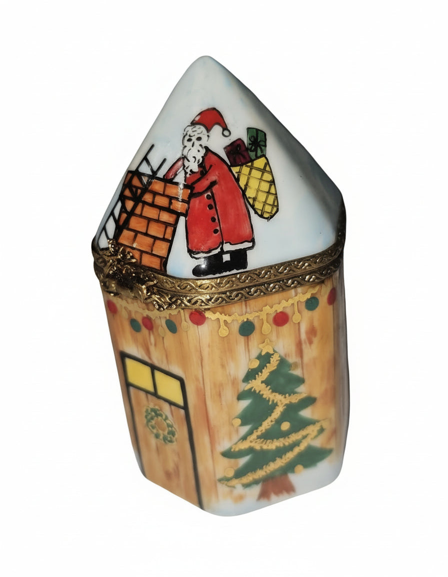 Santa Claus on Christmas House Limoges Box, a hand-painted Limoges porcelain gift