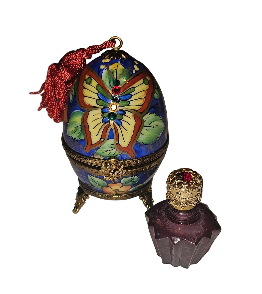 Butterfly Perfume Porcelain Egg on Stand w Tassel, a hand-painted Limoges porcelain gift