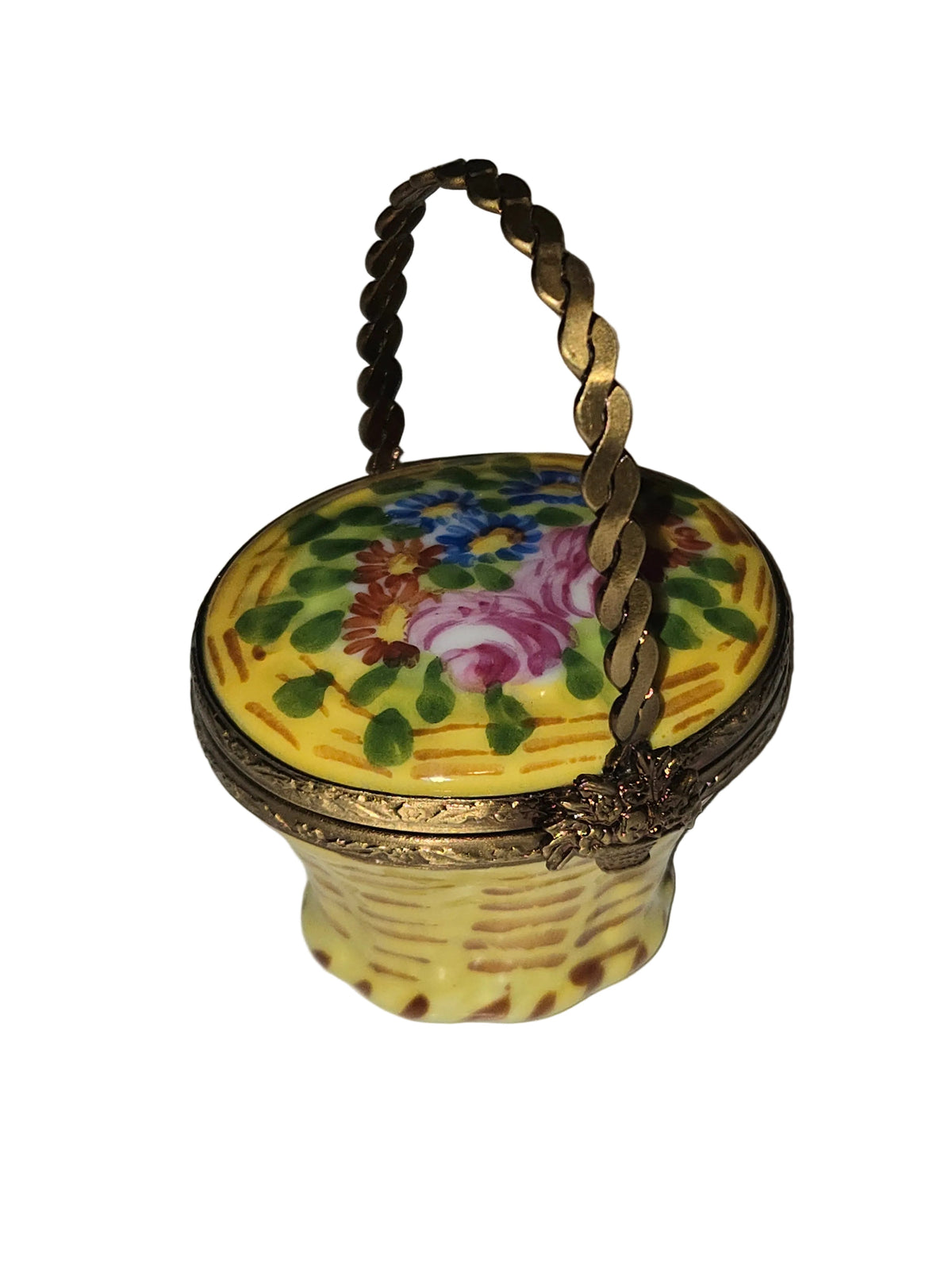 Yellow Basket w Flowers, a hand-painted Limoges porcelain gift