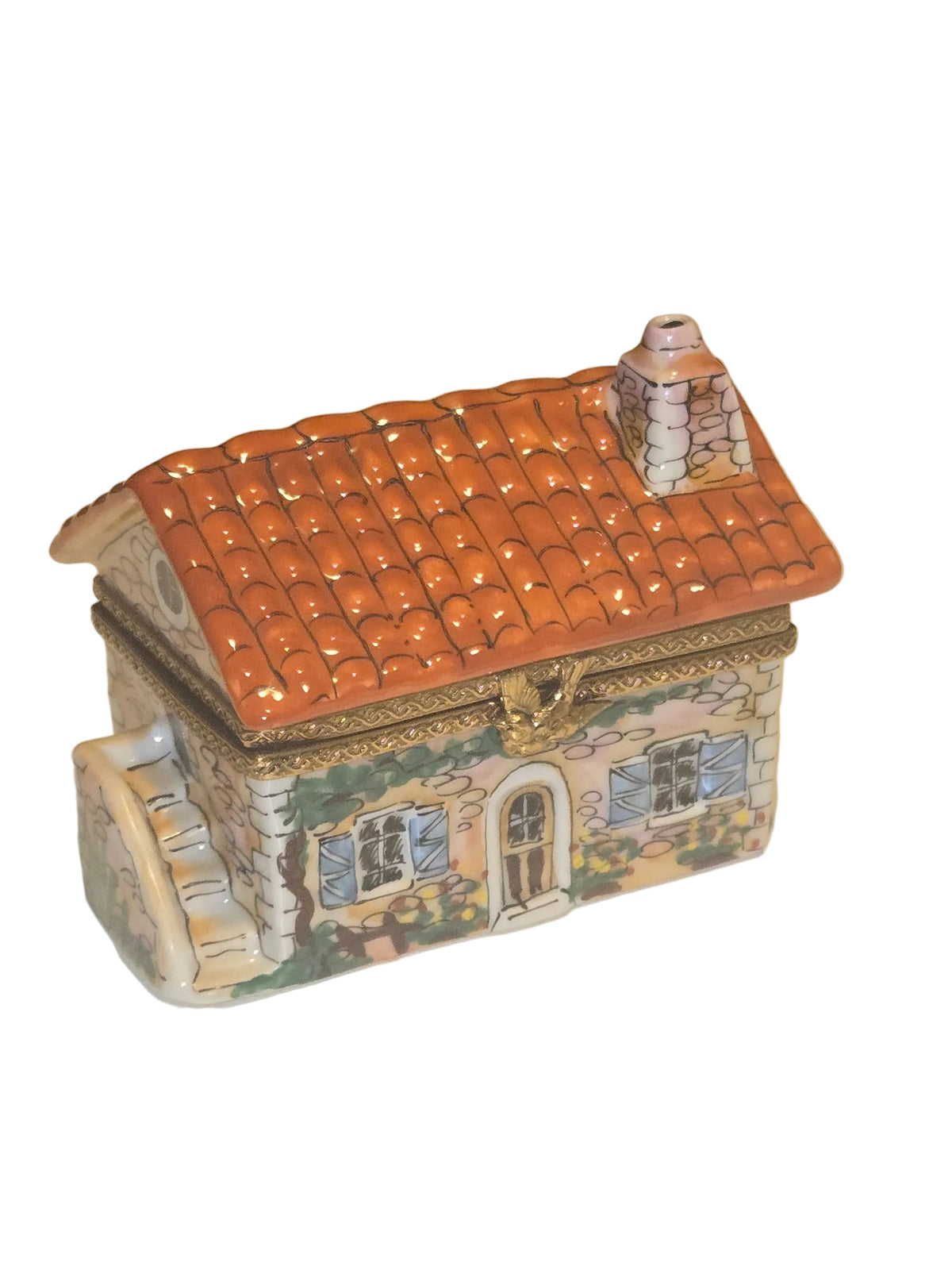 Beige House w Red Roof Limoges Box Cottage Home Gift, a hand-painted Limoges porcelain gift