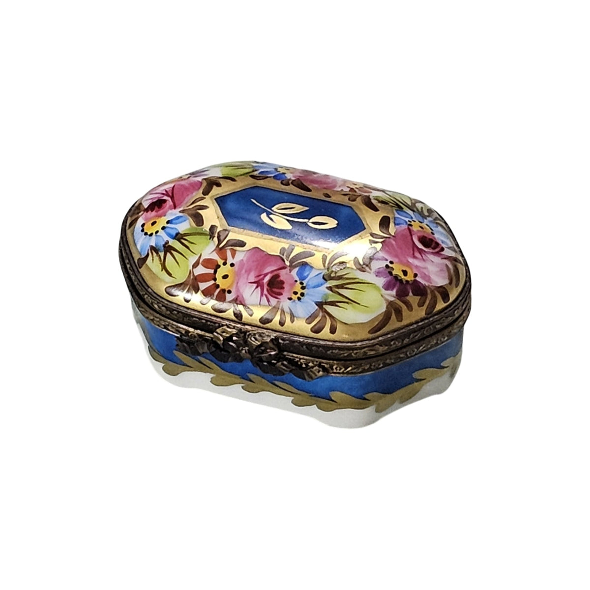 Small Dark Blue Gold with Flowers HandPainted Limoges Box, a hand-painted Limoges porcelain gift