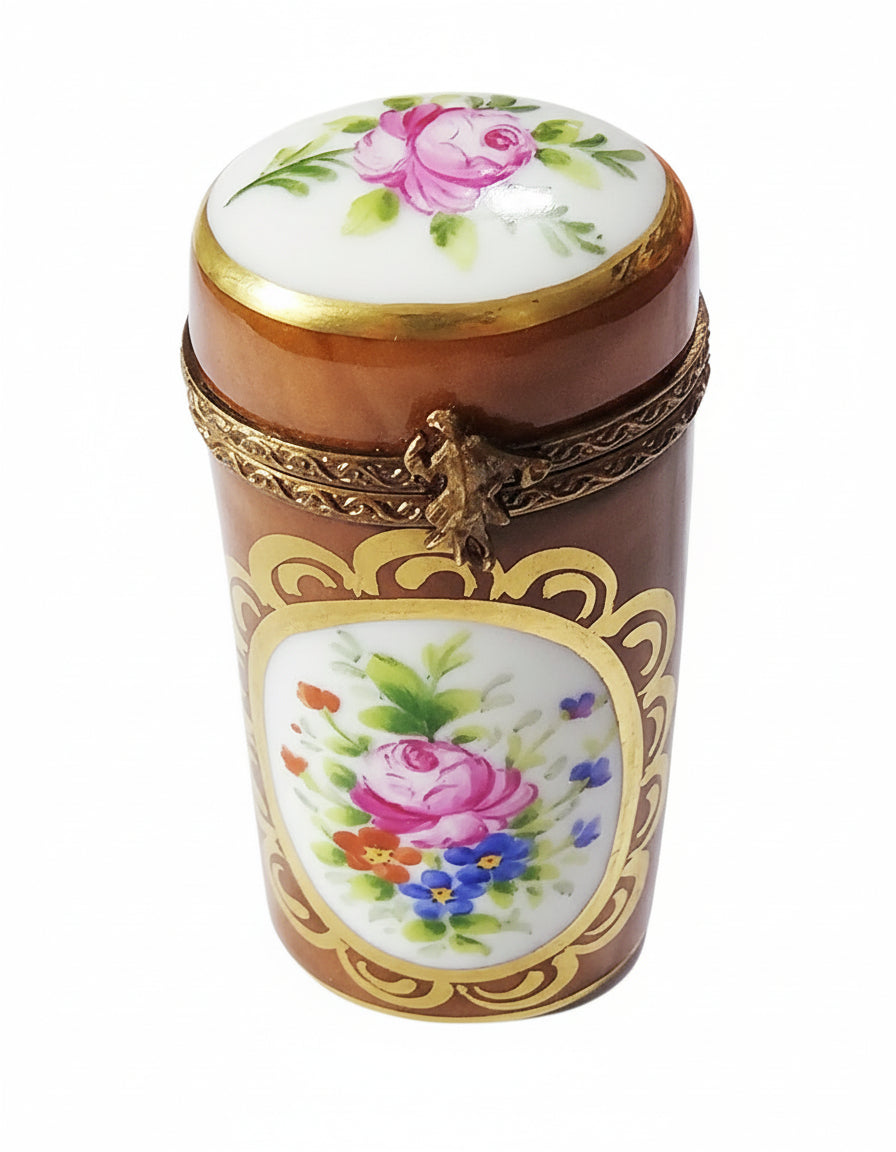 Long Cyndrical Brown Limoges Box, a hand-painted Limoges porcelain gift