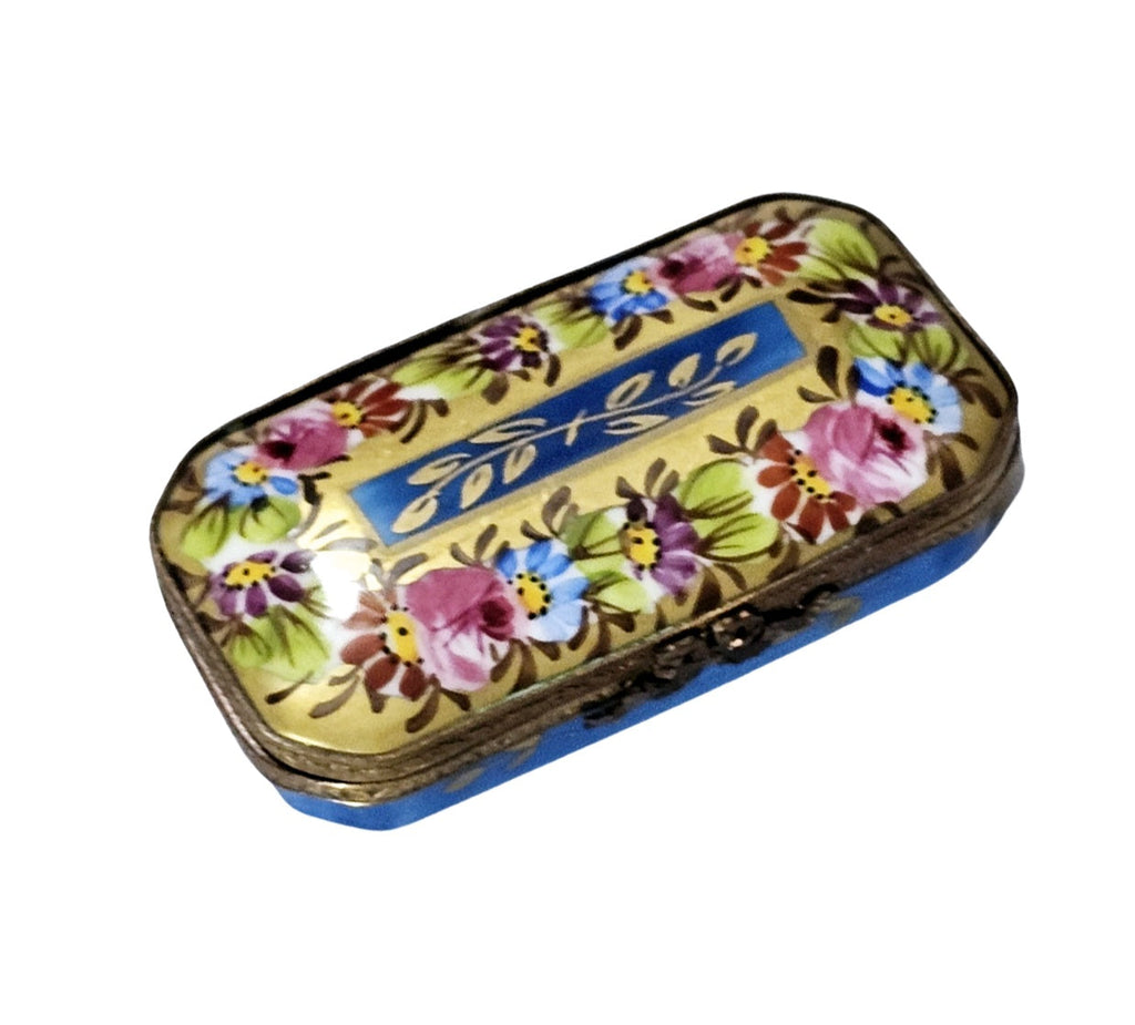 Gold and Blue Flat Rectangle with Flowers Limoges, a hand-painted Limoges porcelain gift