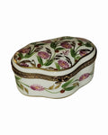 Scalloped Madam Pompadour Roses Limoges Box w Vine, a hand-painted Limoges porcelain gift