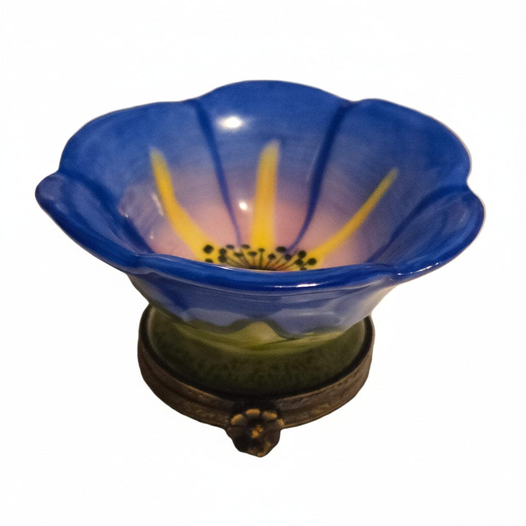 Large Blue Open Flower w Bee, a hand-painted Limoges porcelain gift