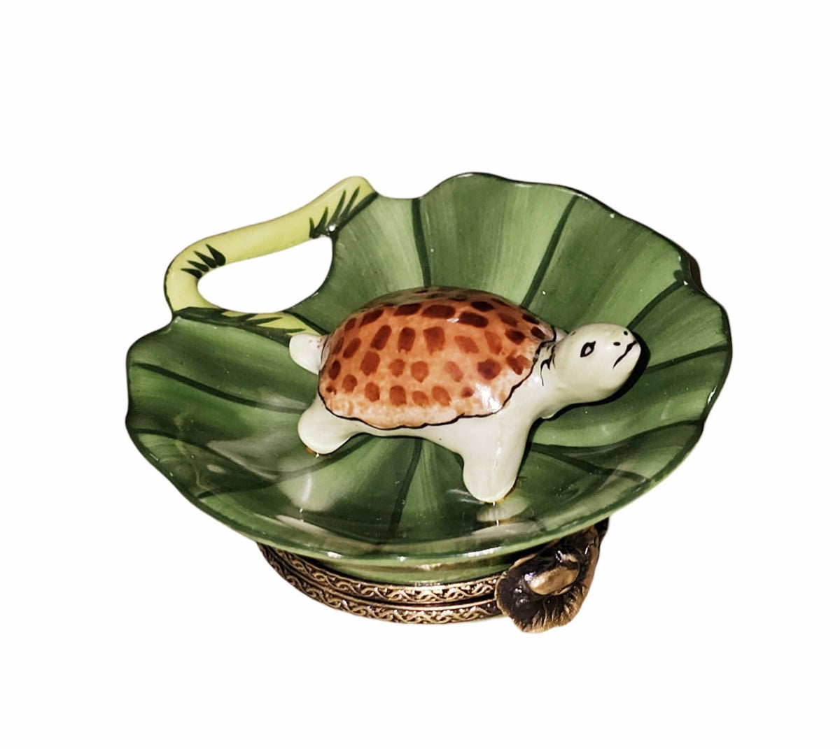 Porcelain Turtle on Lily Pad Figurine Limoges Box, a hand-painted Limoges porcelain gift
