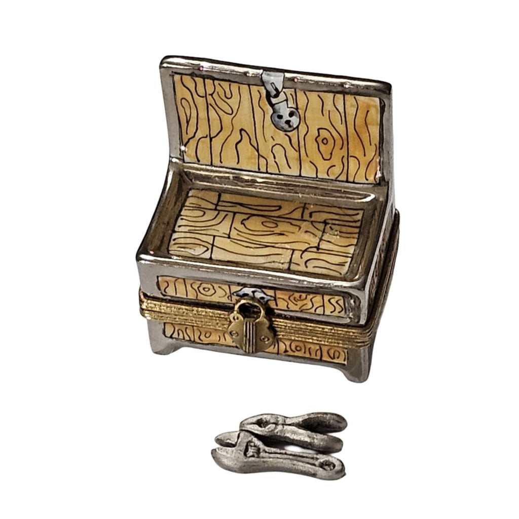 Tool Chest Work Bench Brown Limoges Box for DIY Collectors, a hand-painted Limoges porcelain gift