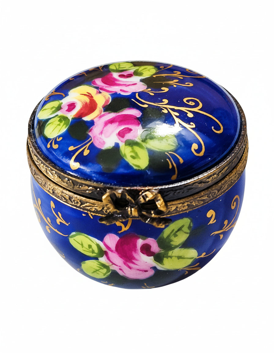 Cobalt Blue Round with Roses Limoges Box, a hand-painted Limoges porcelain gift