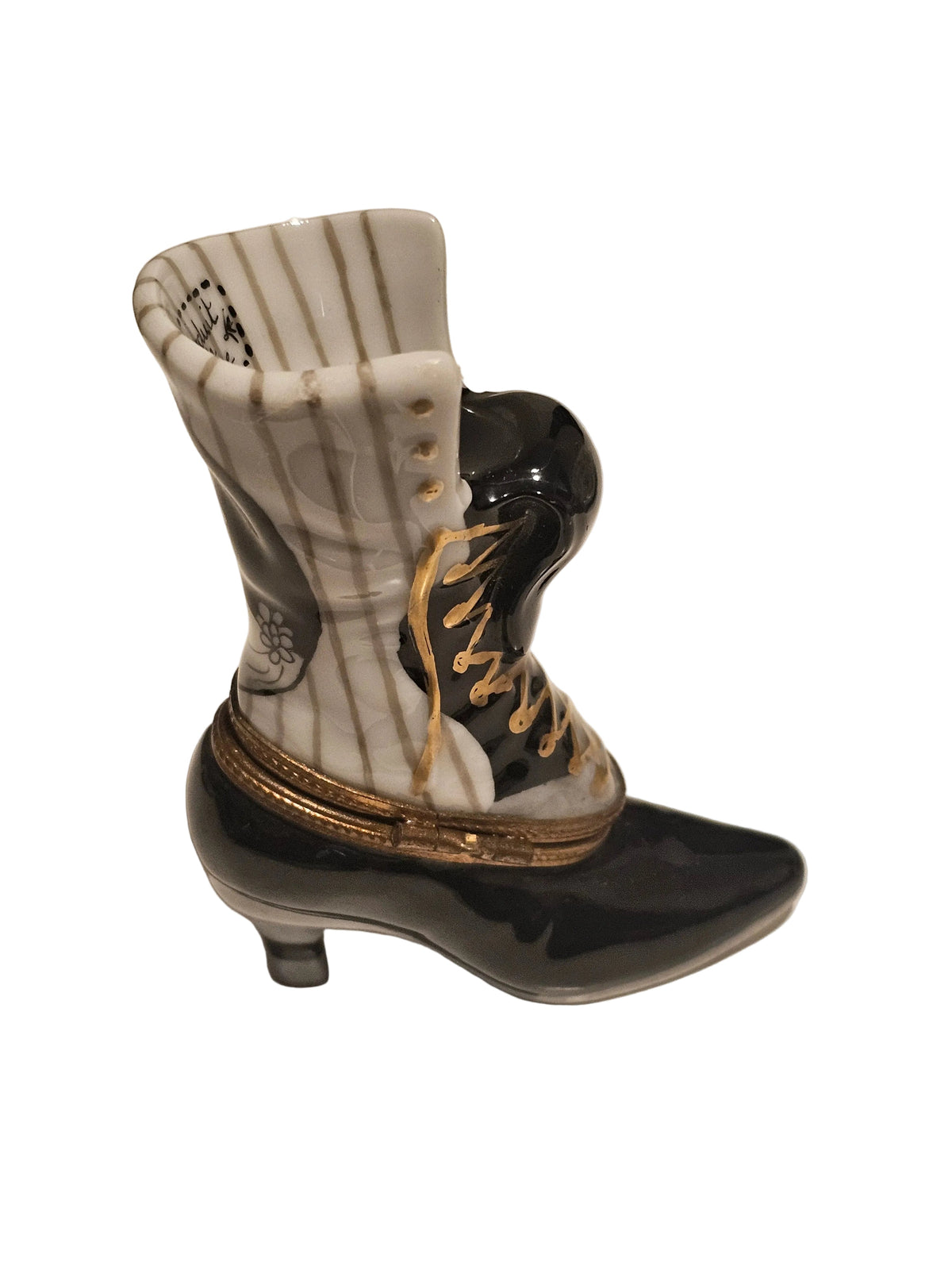 Gift idea for someone who loves France: White Black Striped Victorian Boot Limoges box