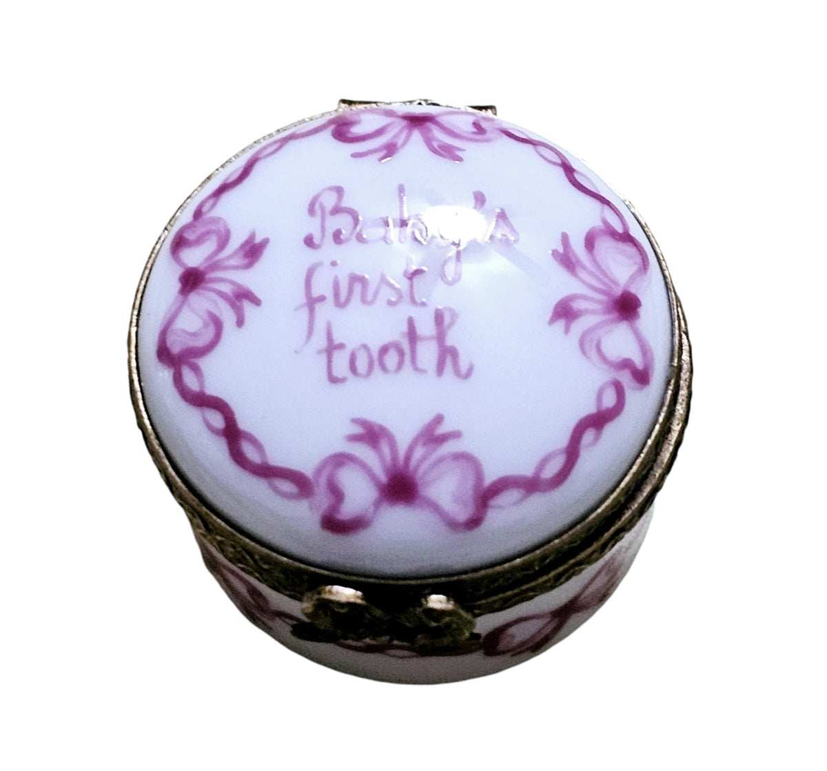 Baby First Tooth Small Round Pink Keepsake Limoges, a hand-painted Limoges porcelain gift