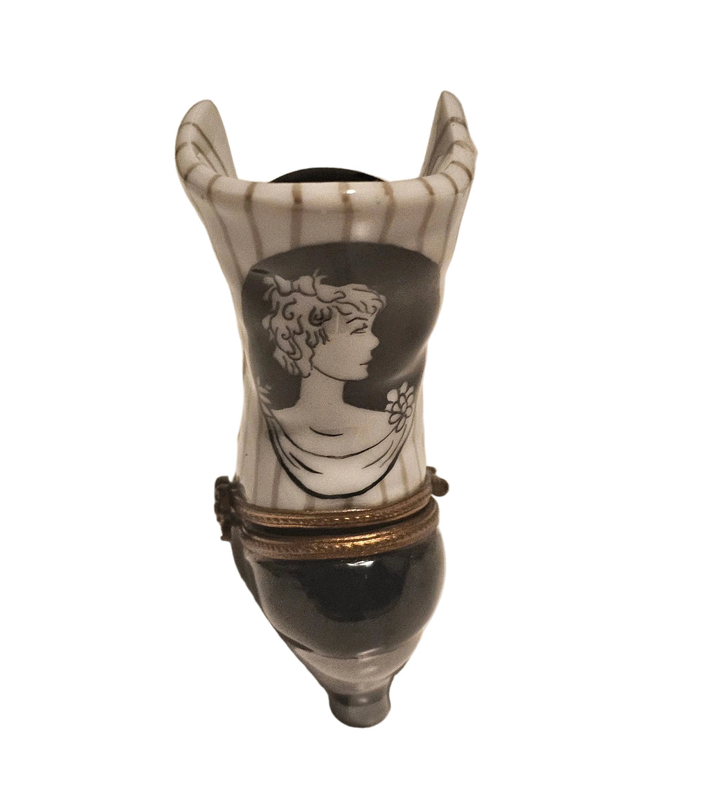 Treasured French collectible: White Black Striped Victorian Boot Limoges box, painted by hand