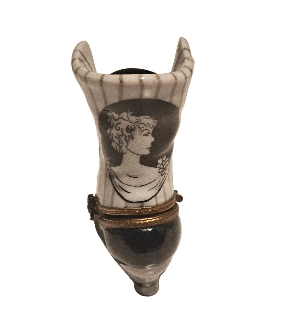 Treasured French collectible: White Black Striped Victorian Boot Limoges box, painted by hand