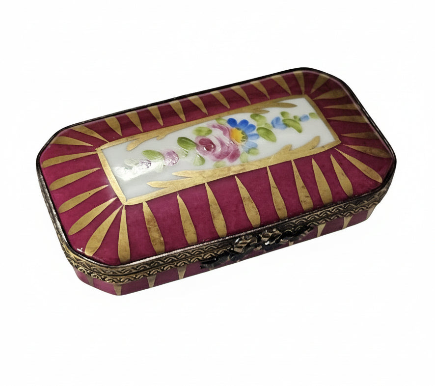 Red Gold Rectangle Box w Flowers, a hand-painted Limoges porcelain gift