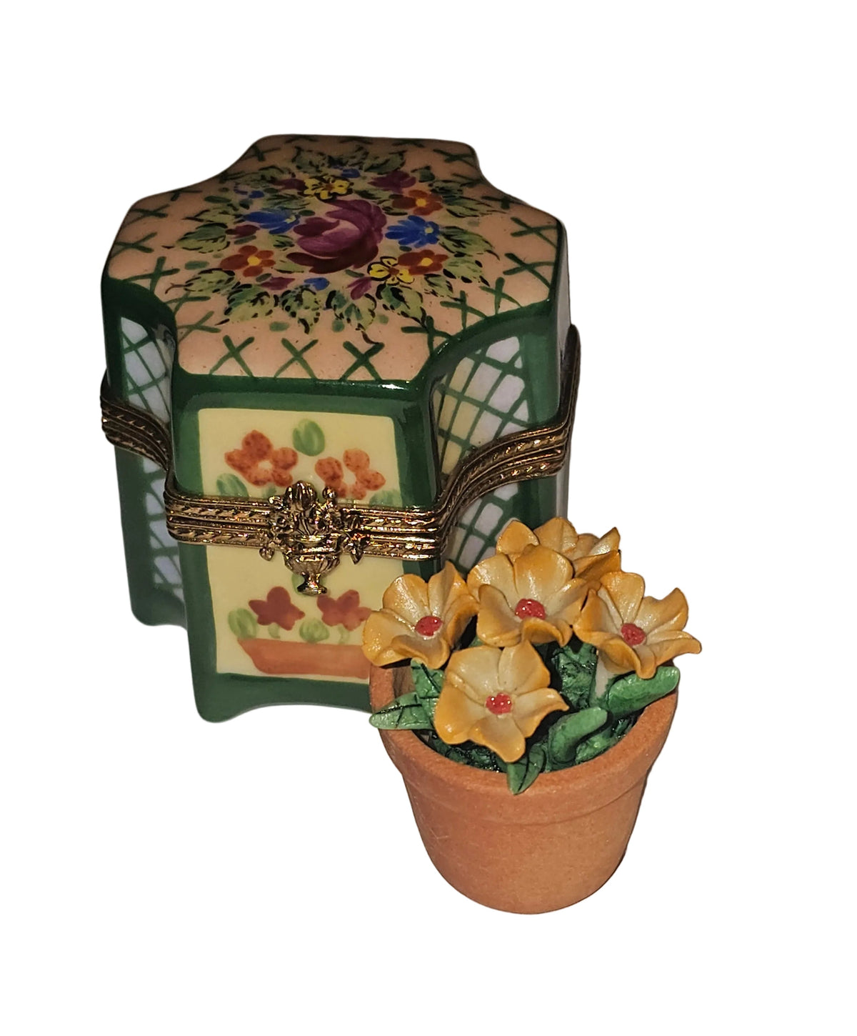 Hexagon Orange W Flower Basket Limoges Box for Collectors, a hand-painted Limoges porcelain gift