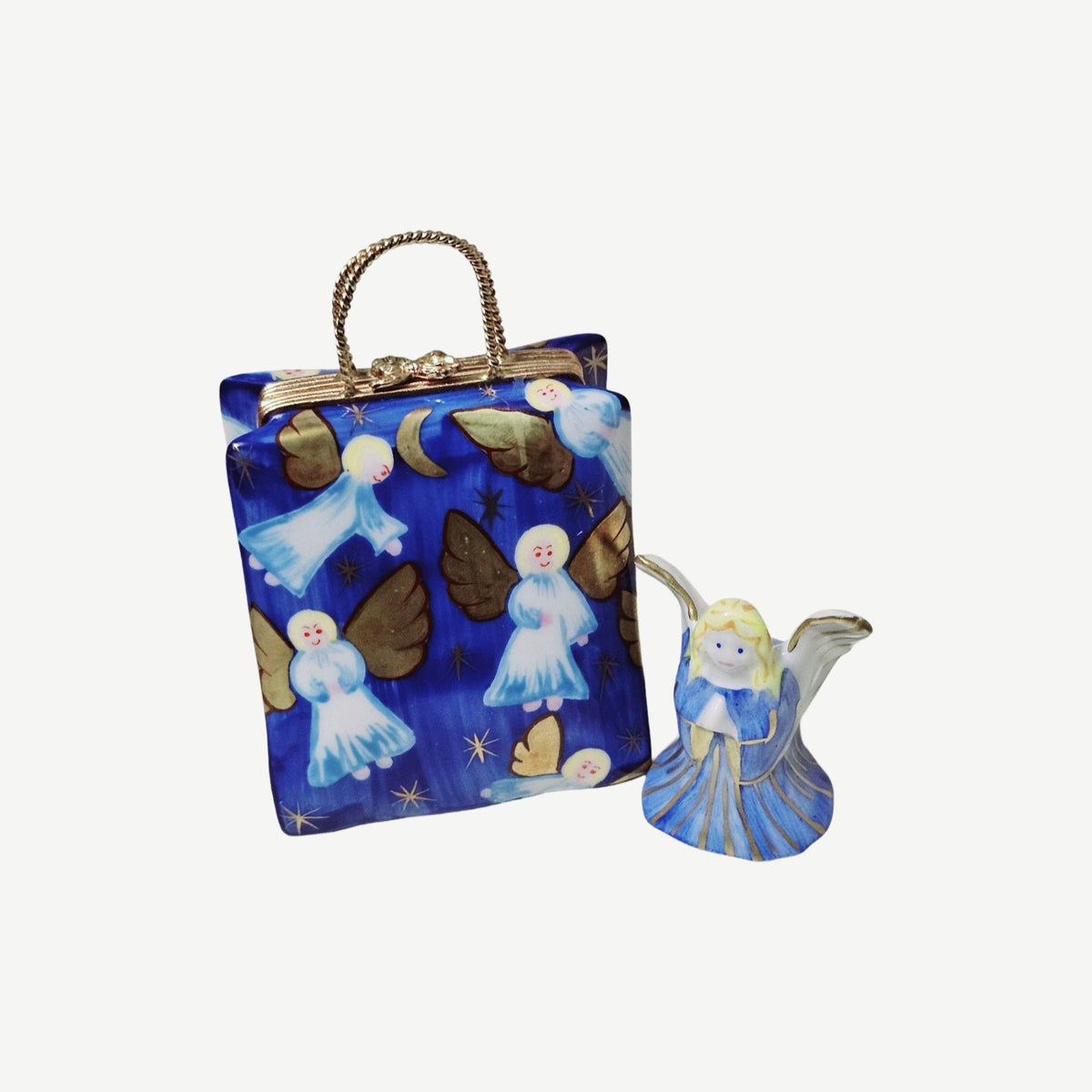 Authentic Angel Shopping Bag Luxury Limoges box, hand-painted in France, from Limoges Boutique