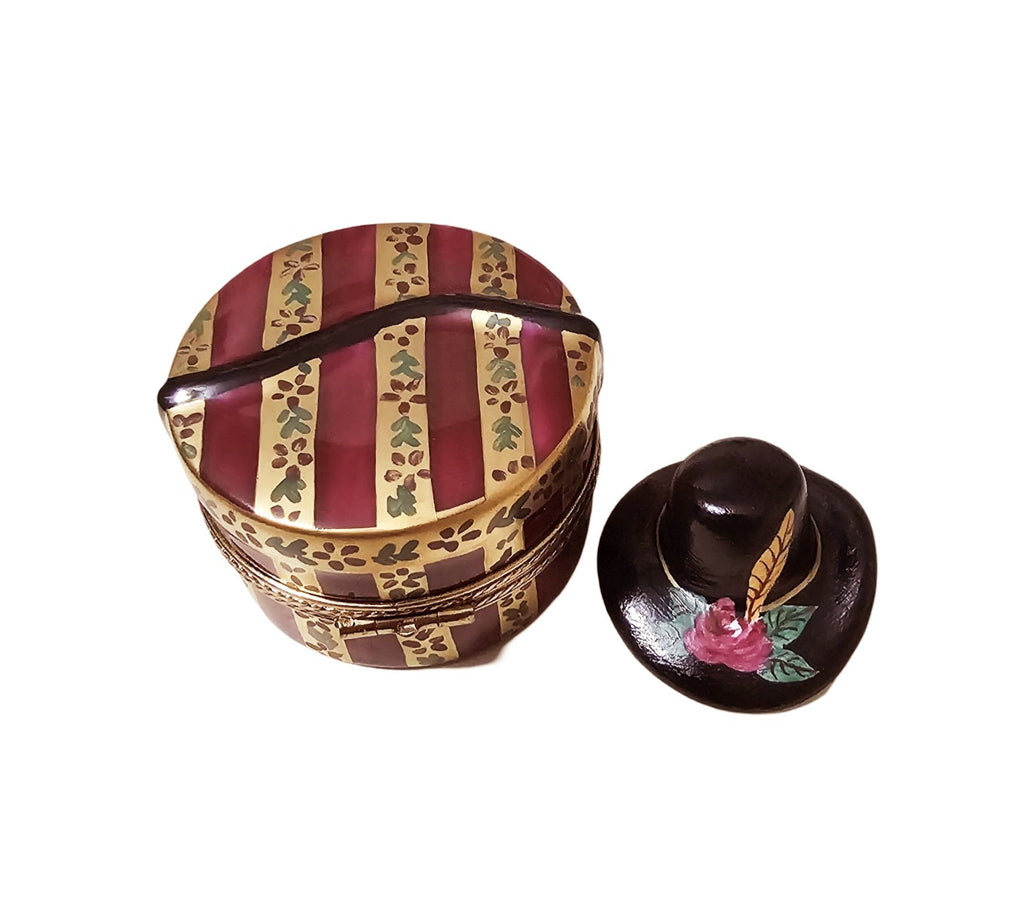 Black Hat in Red Gold Hat Box Keepsake, a hand-painted Limoges porcelain gift