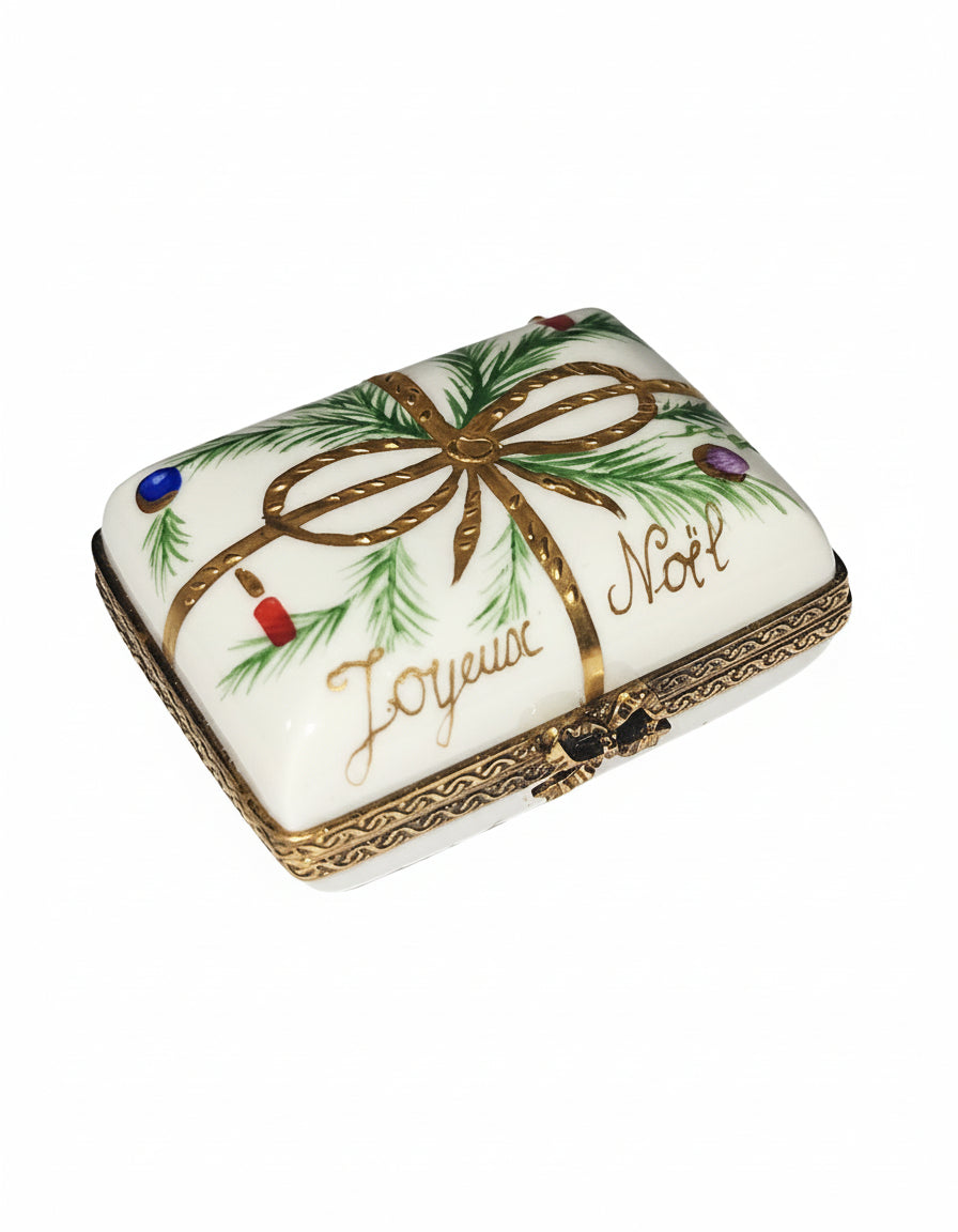 Joyeux Noel Gold Rectangle Christmas Limoges Box, a hand-painted Limoges porcelain gift
