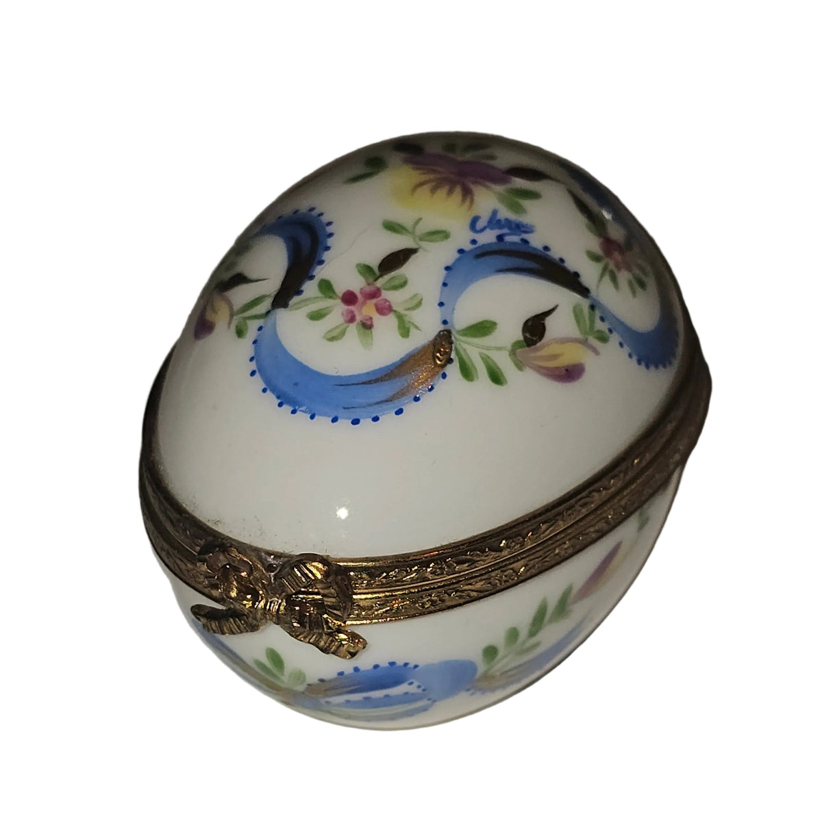 White Egg Blue Ribbon w Light Flowers Limoges Porcelain Box, view 4